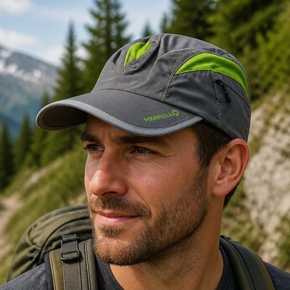 Merrell Running Hat Gray Lime Green Pocket Reflective Trail Gorpcore Outdoor